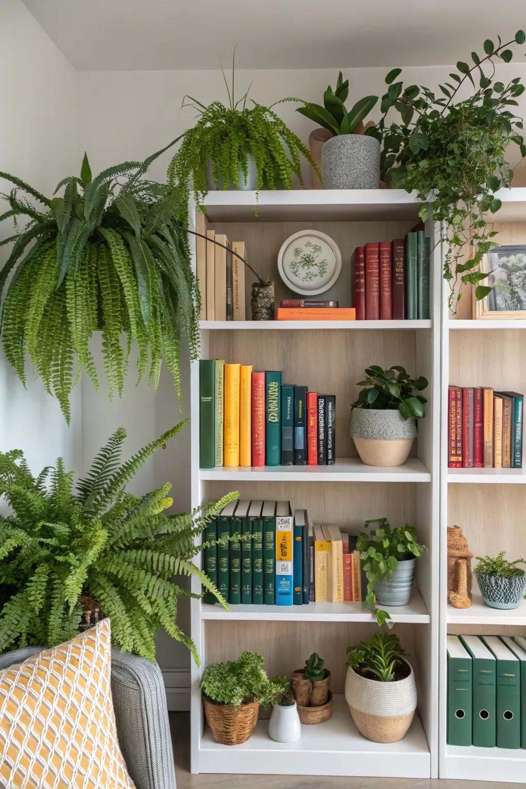 The diverse shapes and sizes of plants create a captivating shelf display.