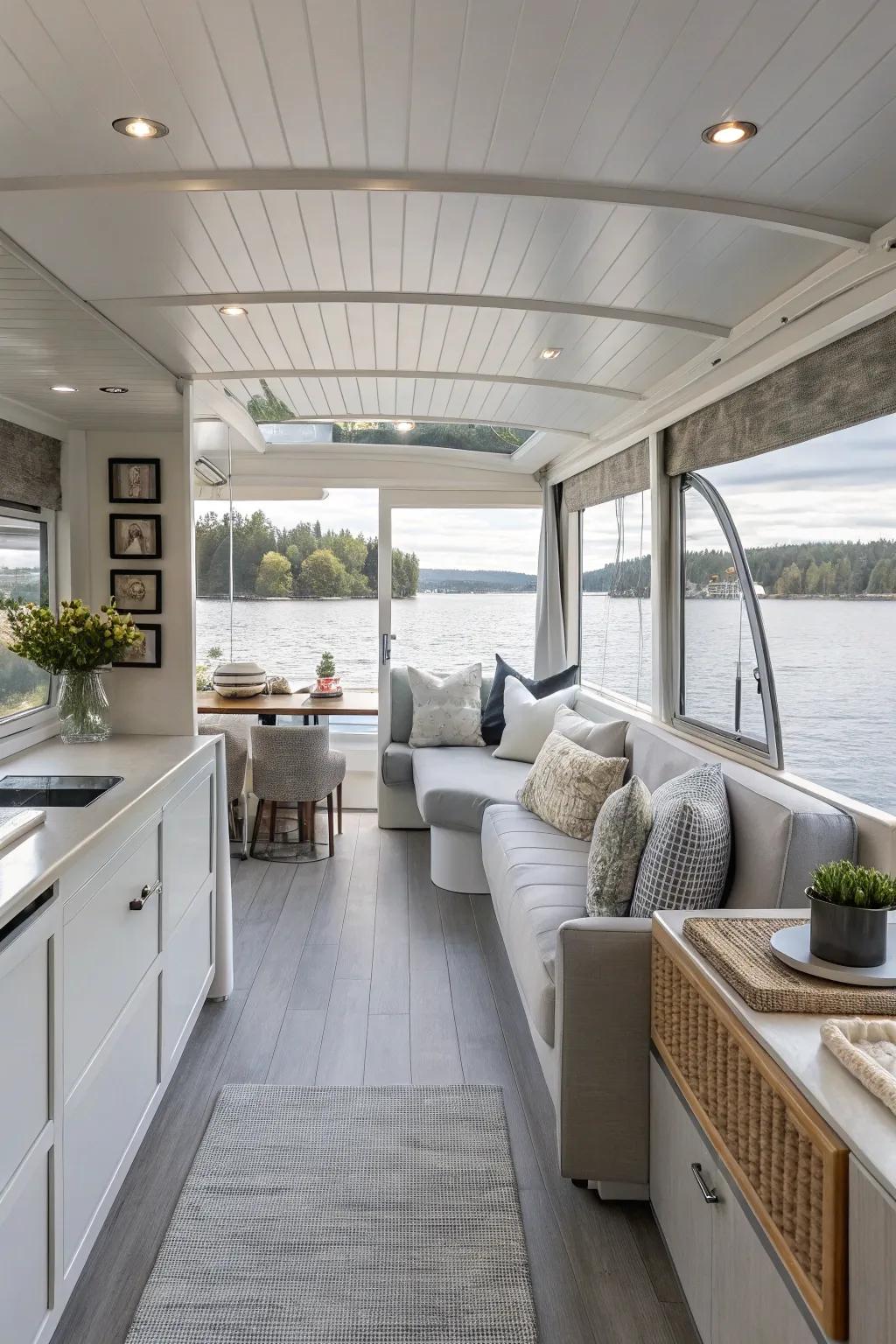 A serene neutral palette adds tranquility to this houseboat's interior.