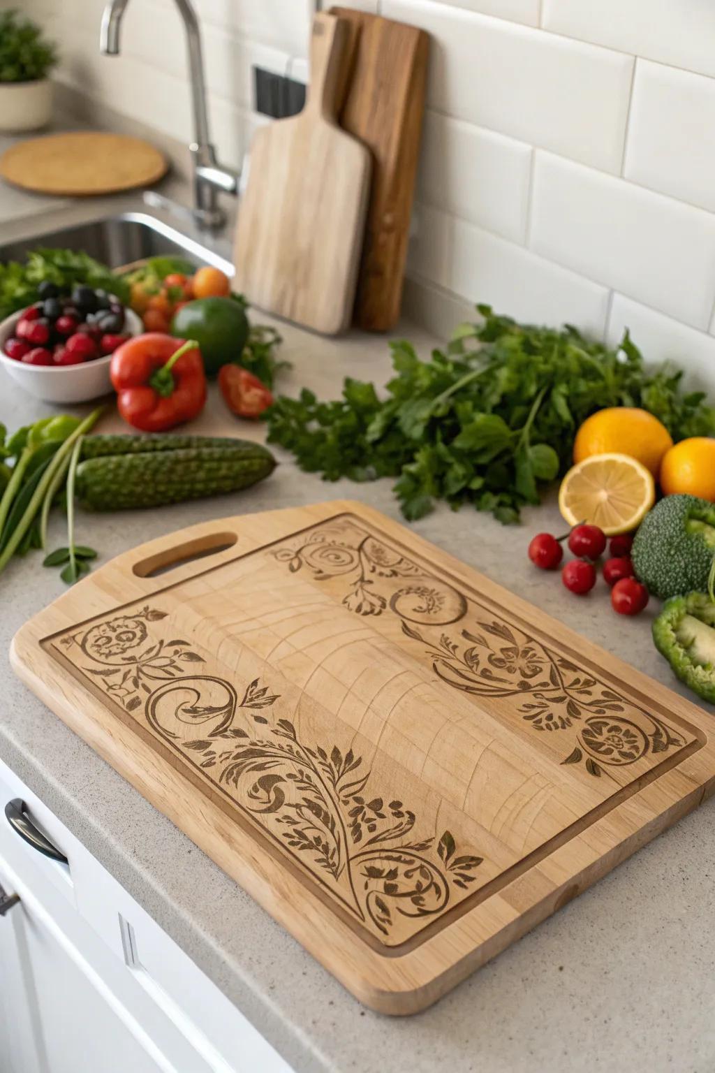 A cutting board with a special engraving, ready for cooking adventures.