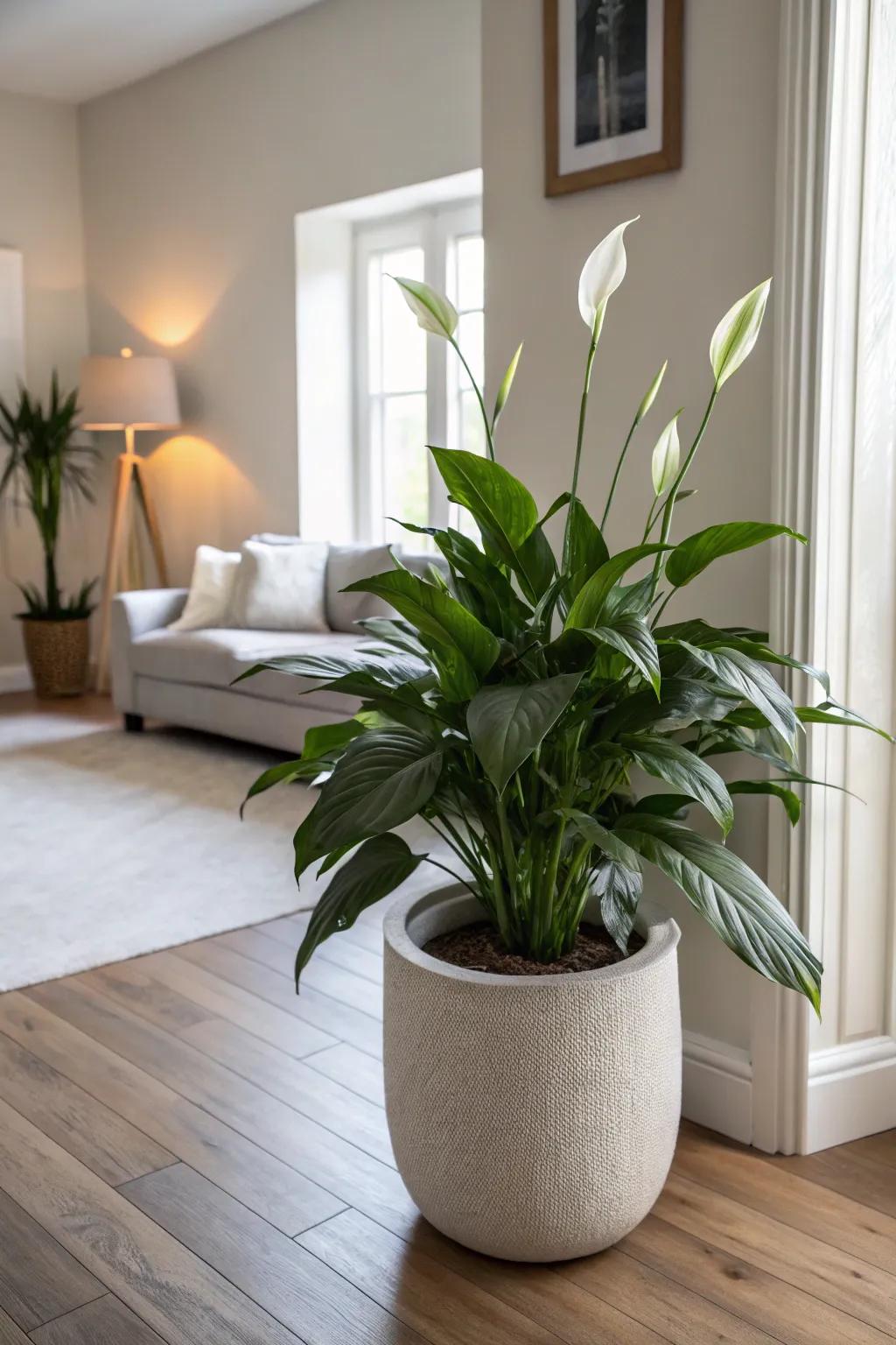 The sophisticated appeal of a Peace Lily gracing an inviting living area.
