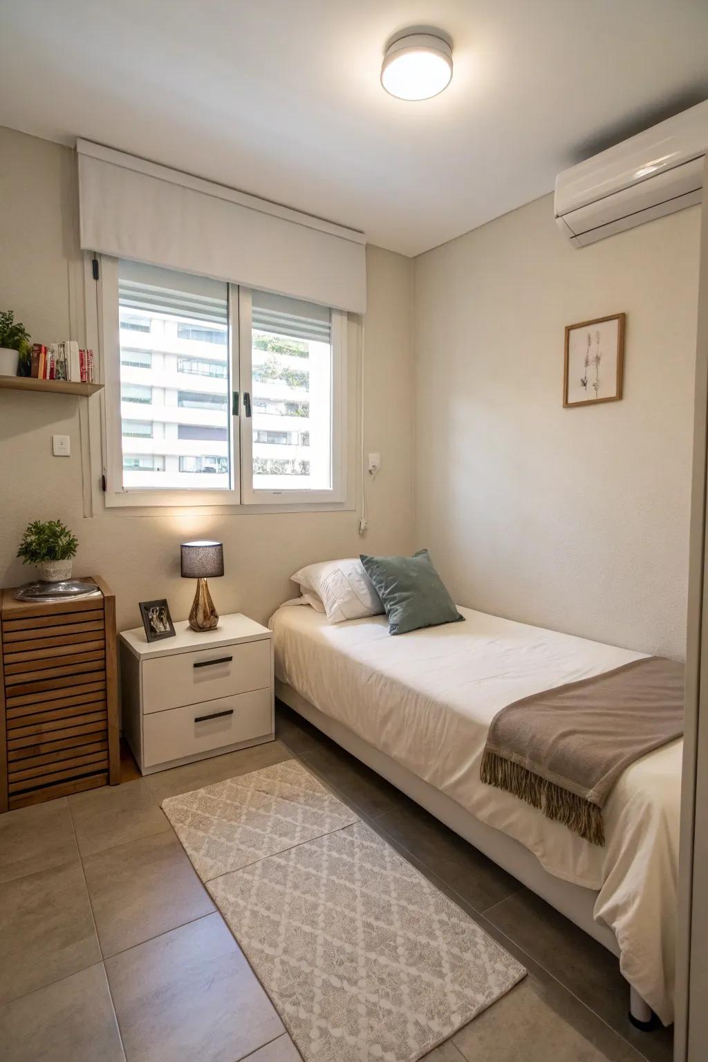 A minimalistic and orderly small bedroom that feels airy and bright.