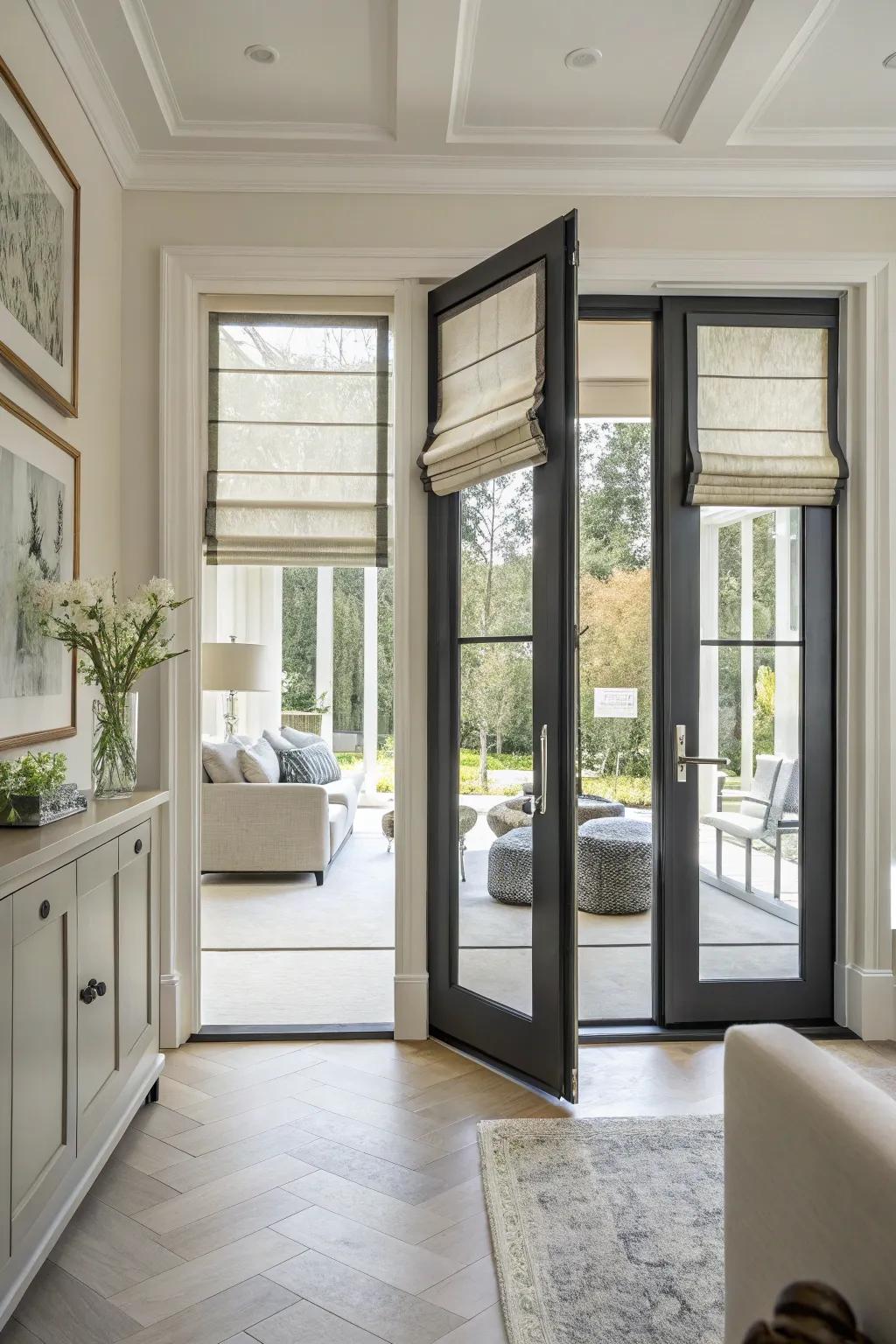Roman shades deliver a refined and fashionable look for French doors.