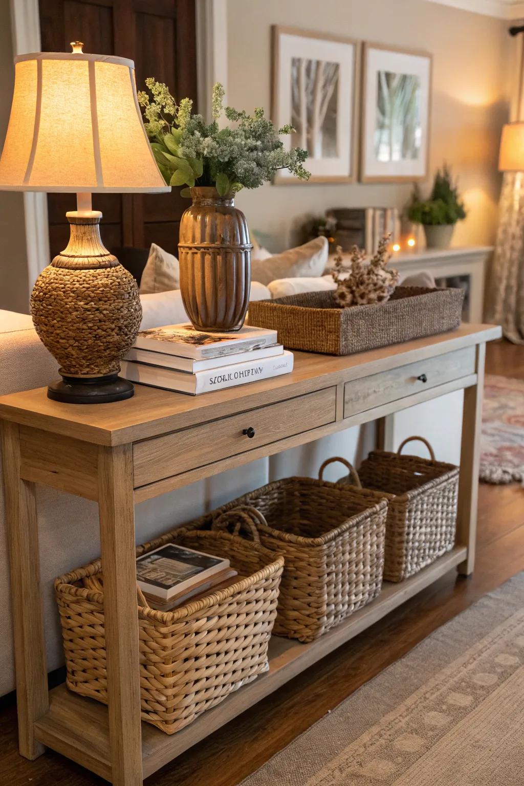 Artisan baskets placed under the console table, offering both stylish appeal and valuable storage.