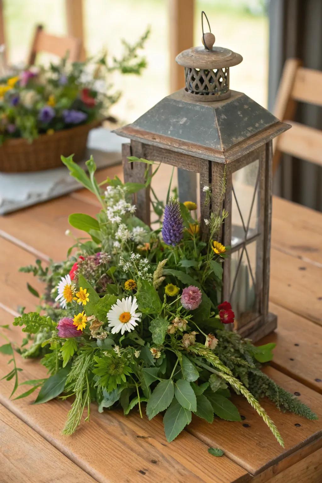 Rustic charm with wildflowers in a vintage lantern.