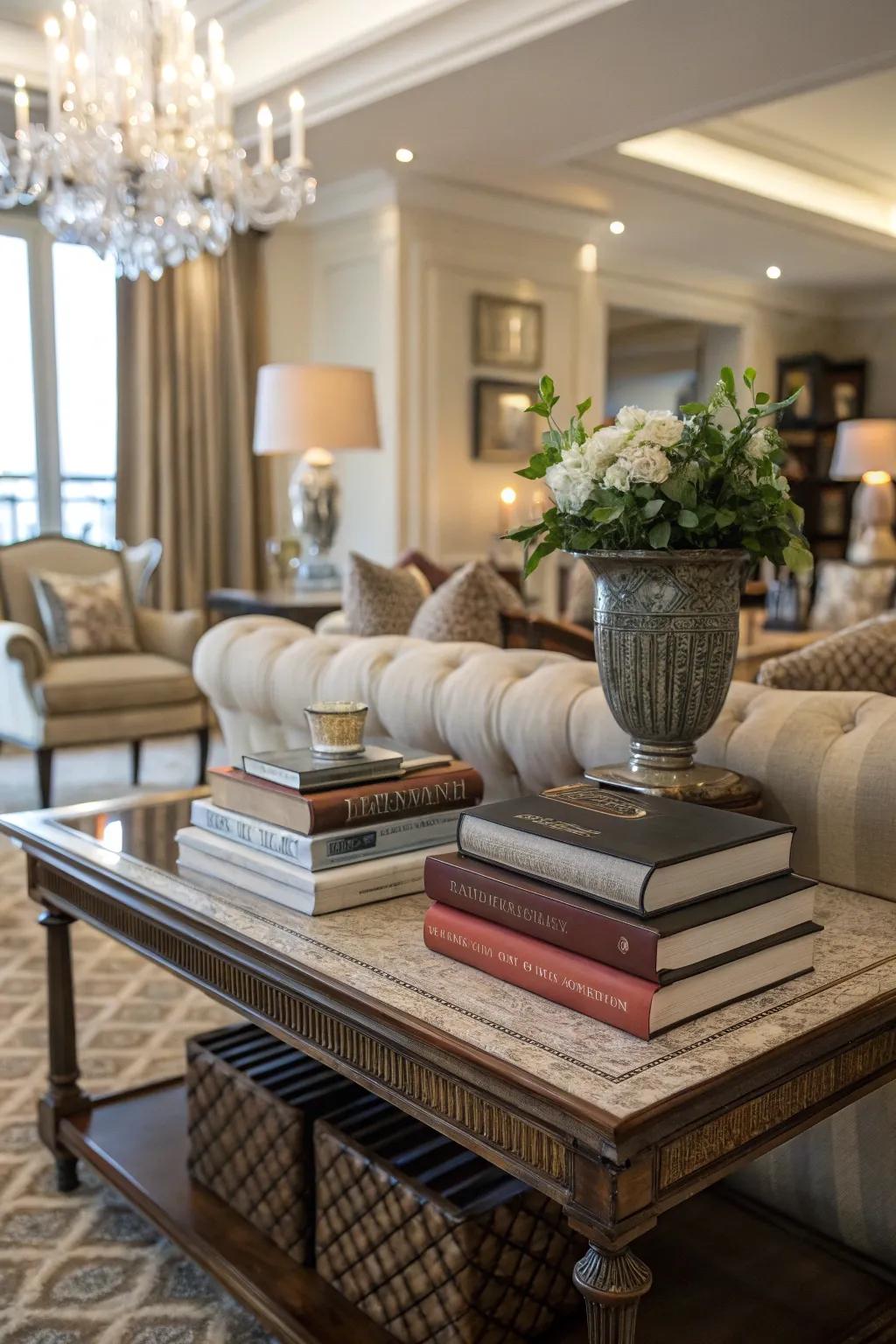 Books add color and sophistication to the sofa table.