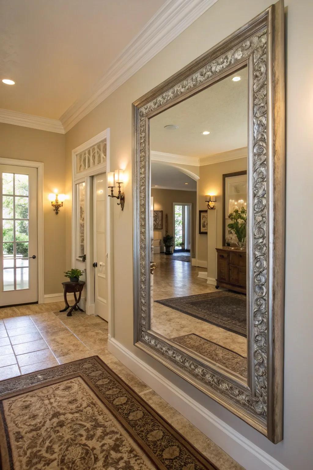 A large mirror in the entryway reflects light, giving the impression of more space.
