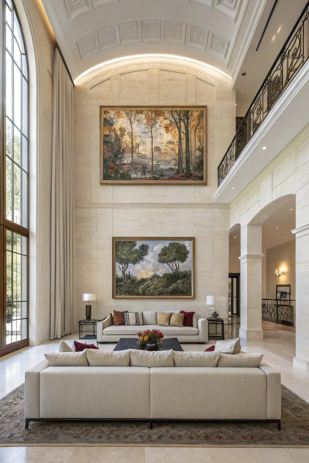 Large art pieces add interest and scale to high walls.