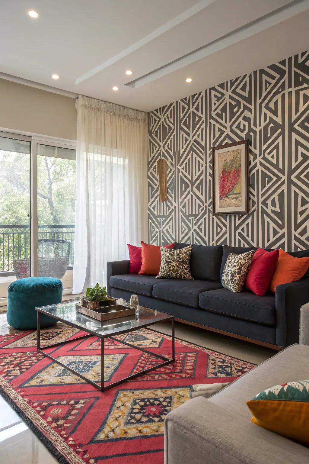 A remarkable geometric feature wall that enhances the living room's aesthetic.