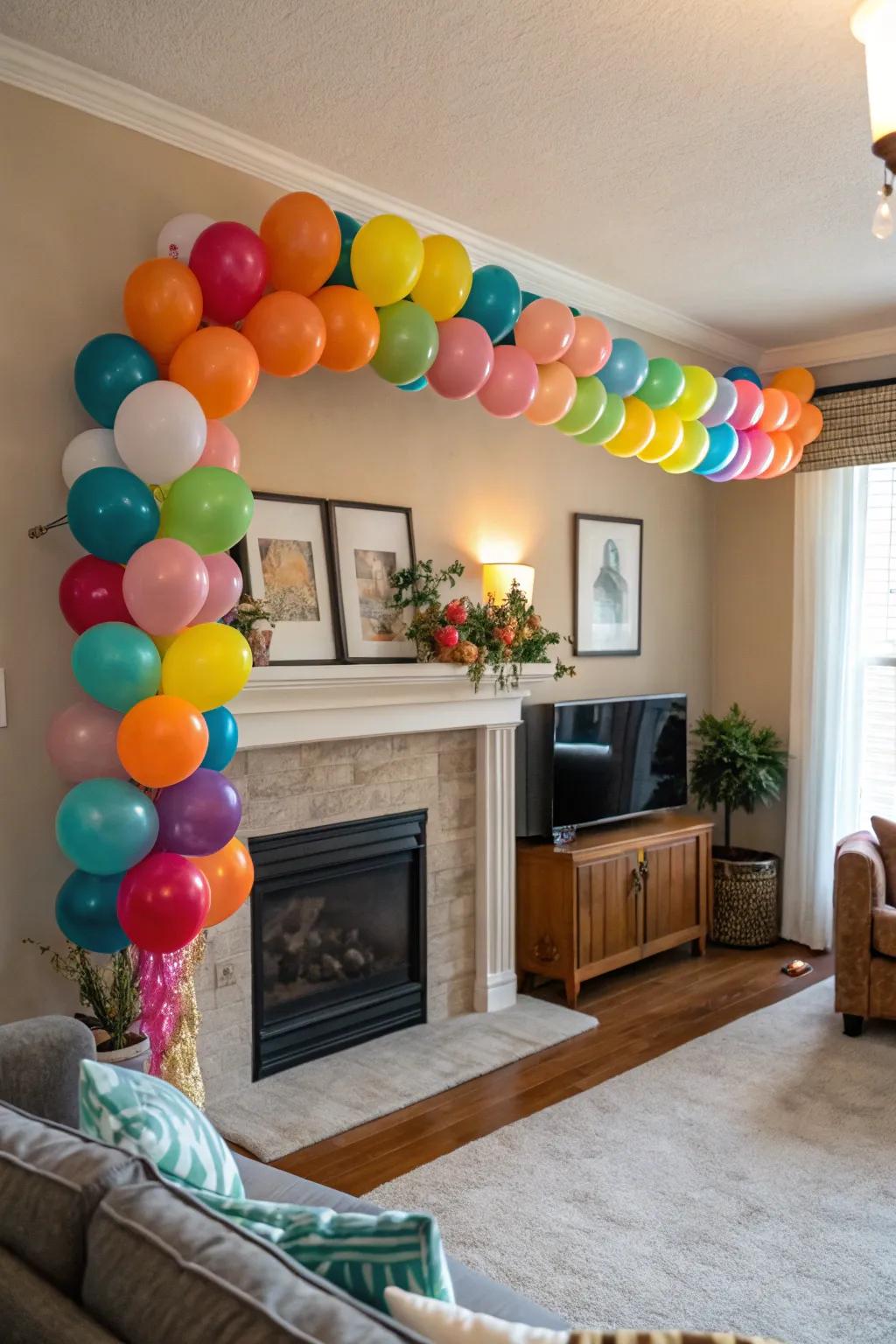 A vibrant balloon garland stylishly hung across a mantel, adding a fun element to the lounge.