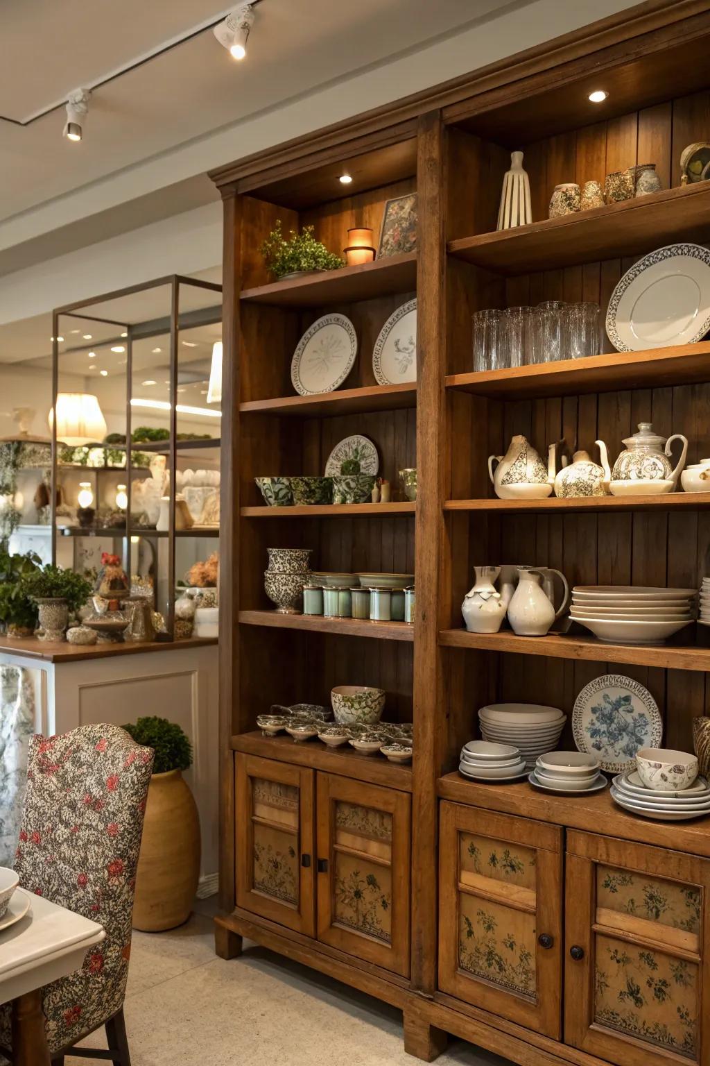 Open shelves showcasing a beautifully arranged selection of china and decorative items.