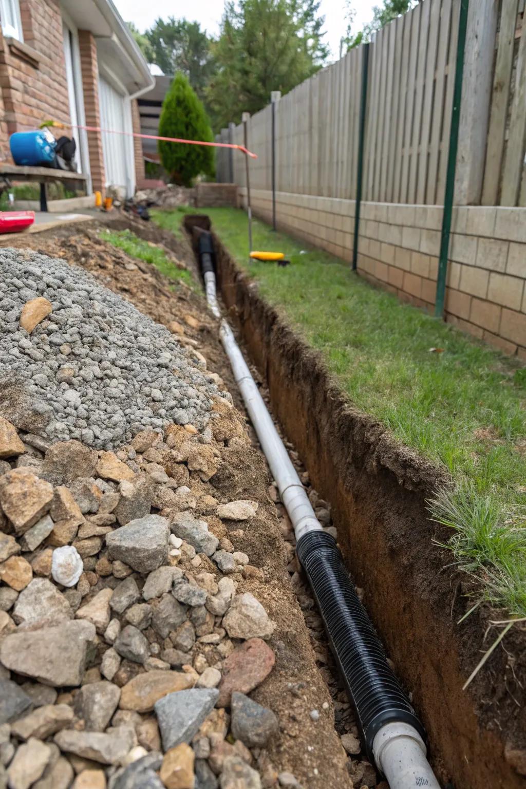 Subsurface drain system efficiently directs water away from the house.