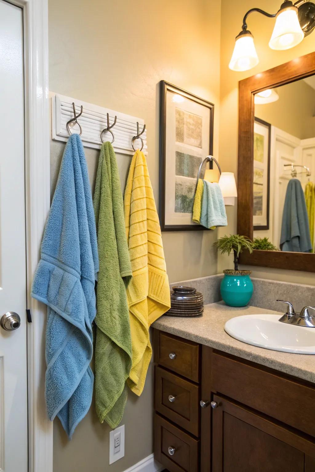 Towel hooks are a great way to save space while displaying your towels.