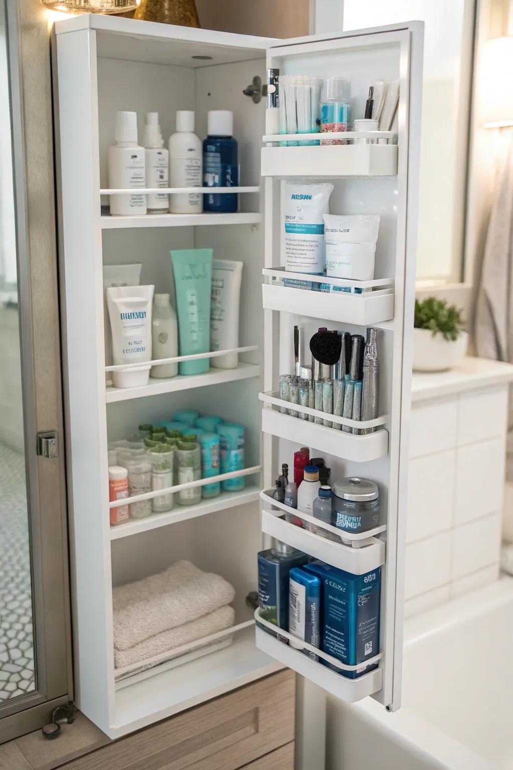 Multi-level shelves inside a bathroom cabinet maximize the usable height for storage.
