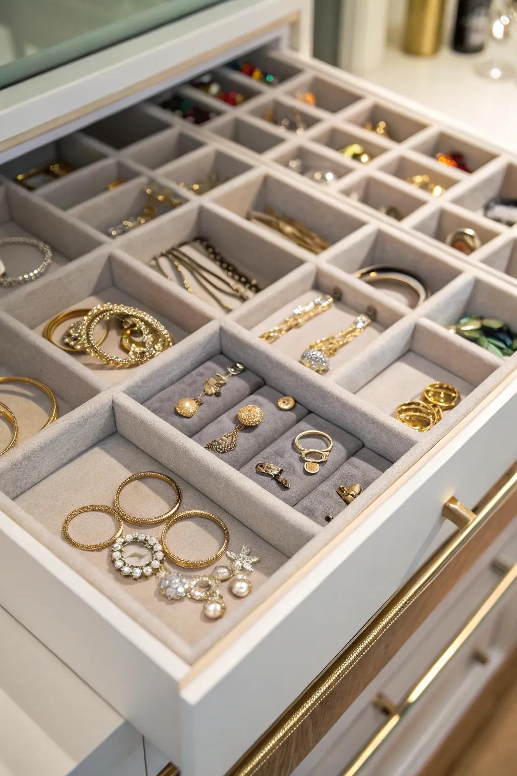 Segmented trays ensure a well-organized and tidy jewelry assortment.