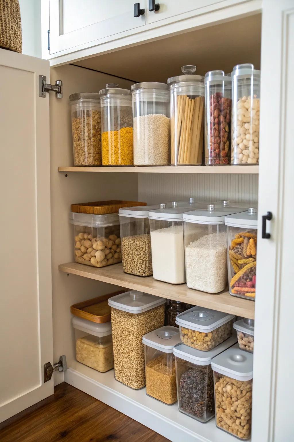 Clear containers streamline your pantry organization.