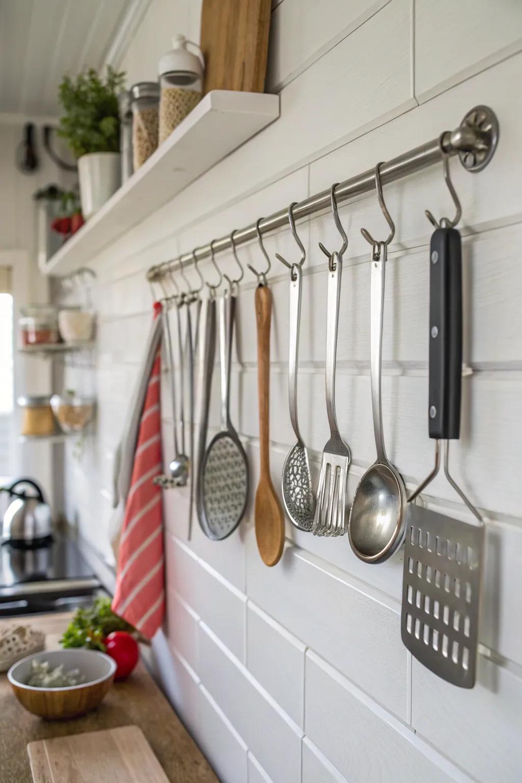 Utensils hanging gracefully on wall hooks for easy access.