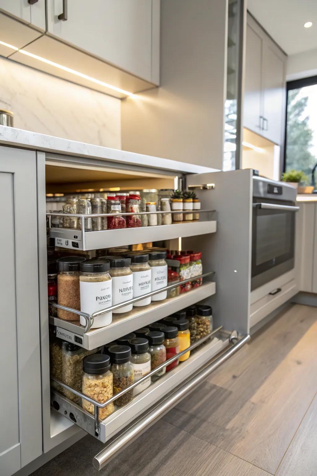 Pull-out shelves make accessing your spices a cinch.