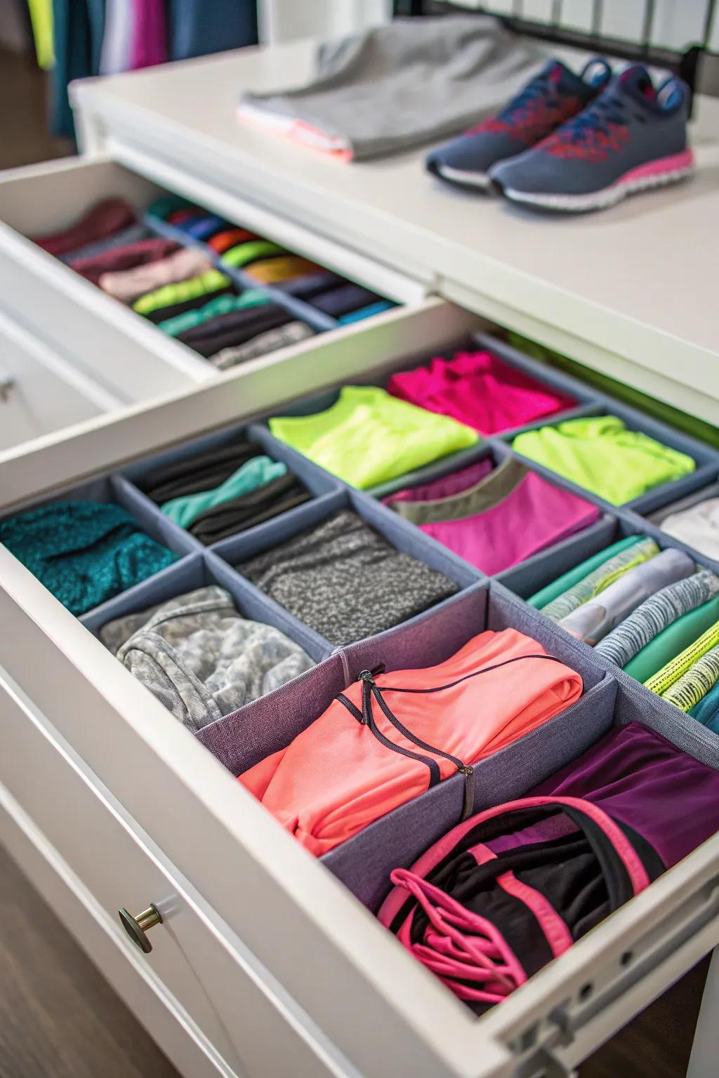 Drawer dividers keep workout clothes neatly organized.