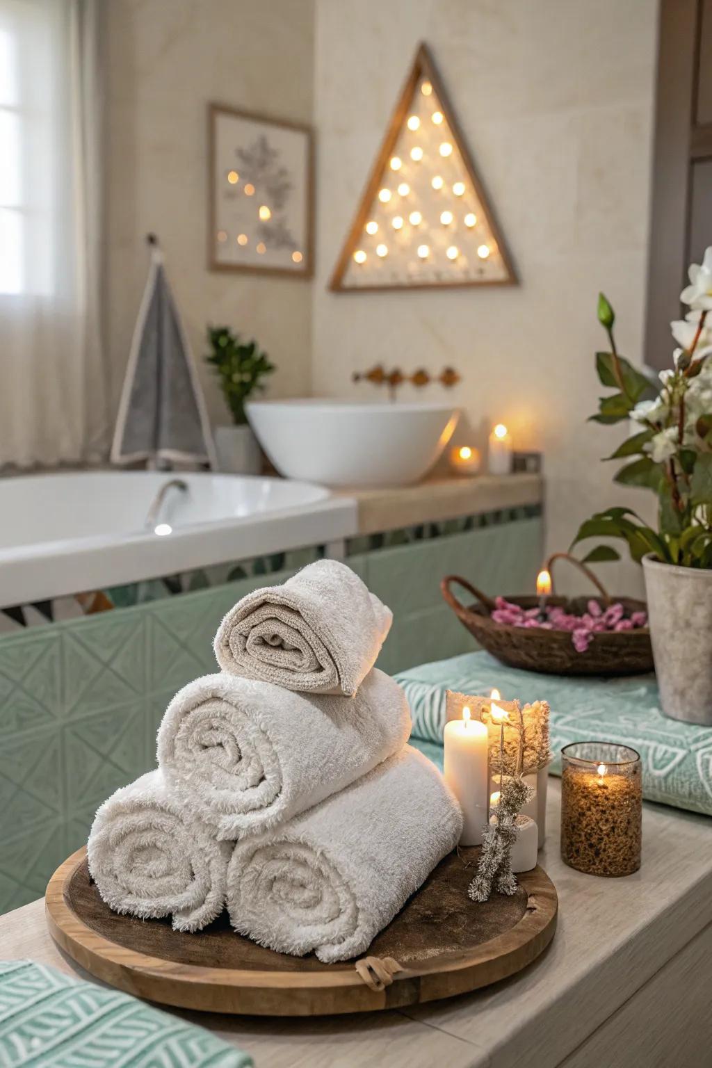 Experience a spa-like moment with this luxurious towel arrangement.