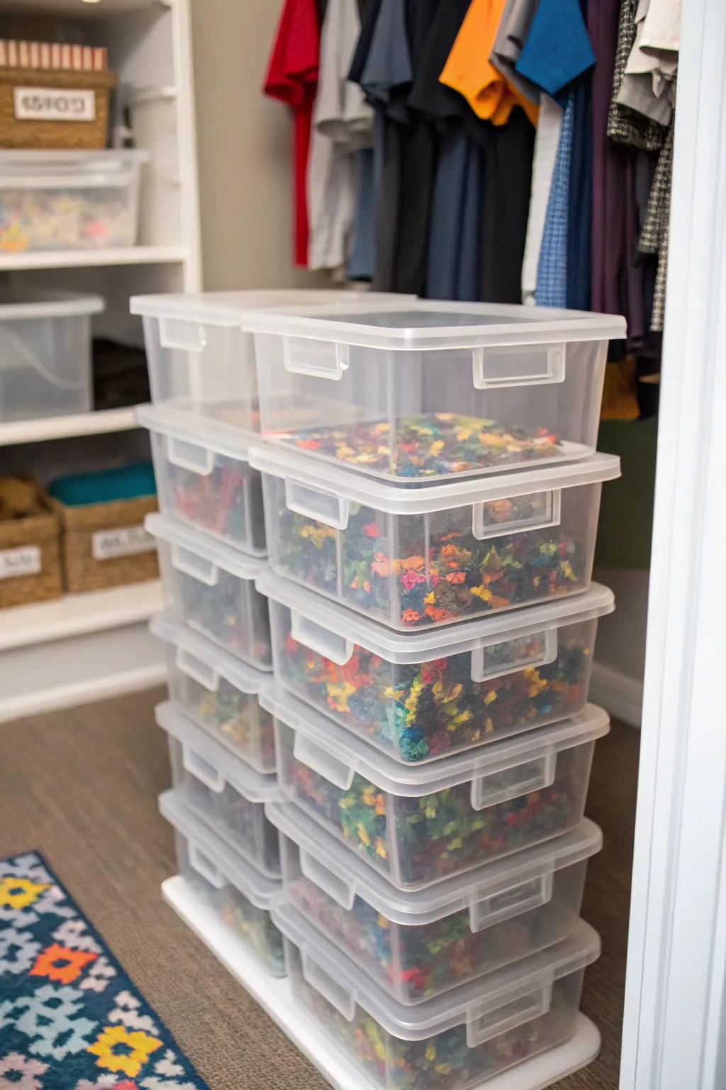 See-through bins clearly displaying their puzzle contents.