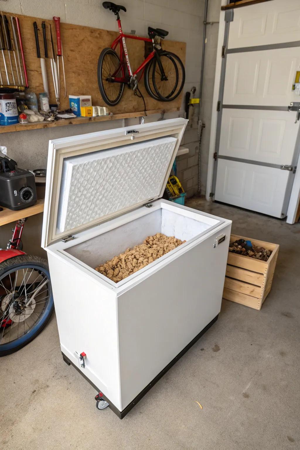 An old deep freezer makes a great place to store wood pellets and keep them dry.