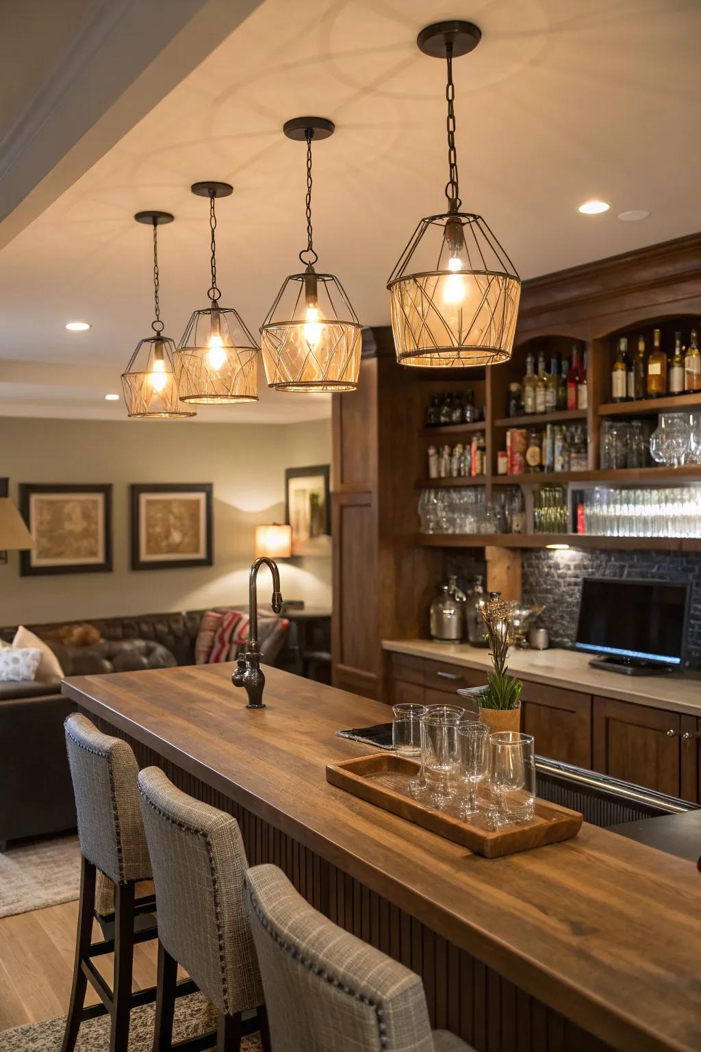 Hanging lights create the ideal mood for your home bar.