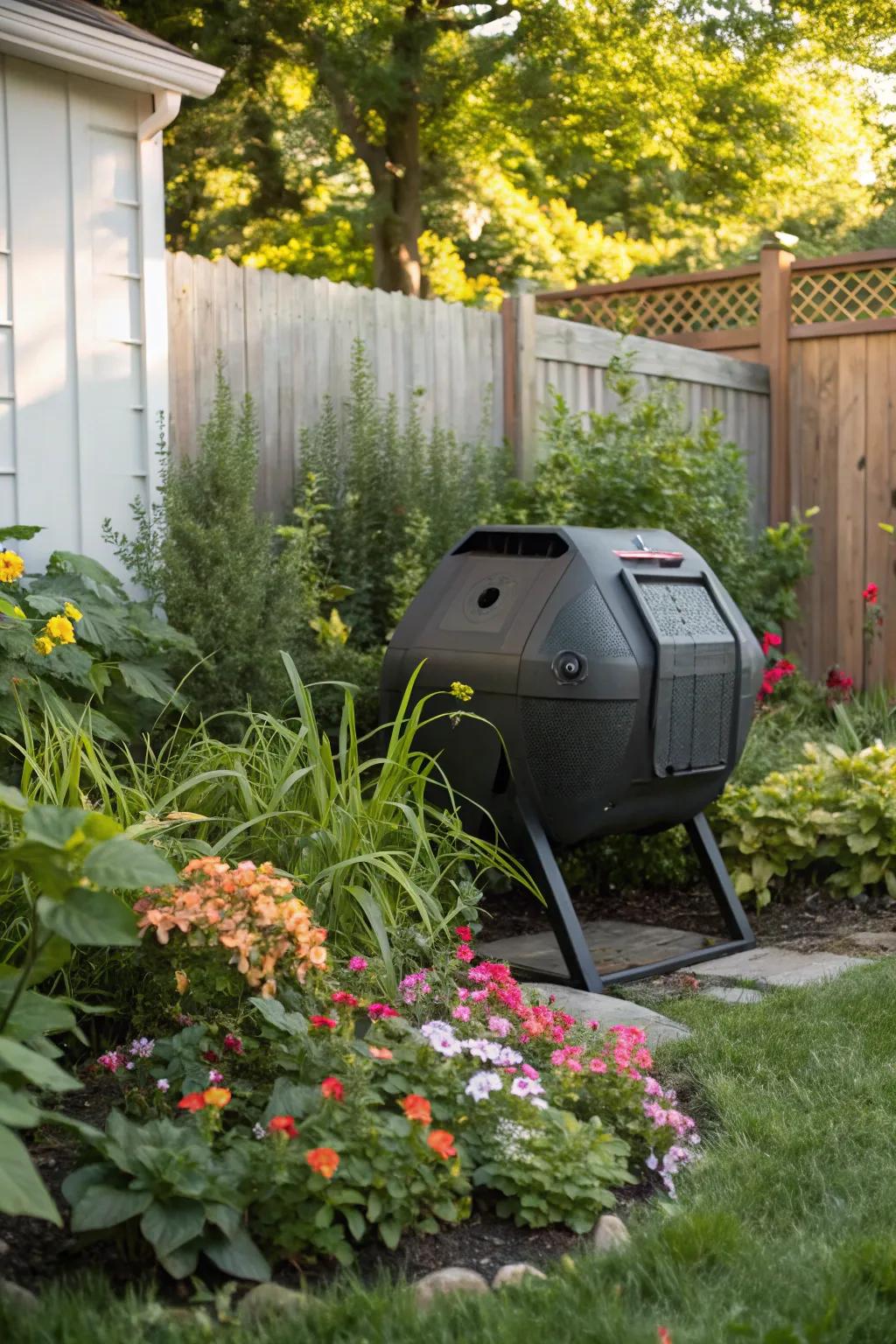 This garden has a sleek, contemporary compost tumbler that makes composting simple and quick.