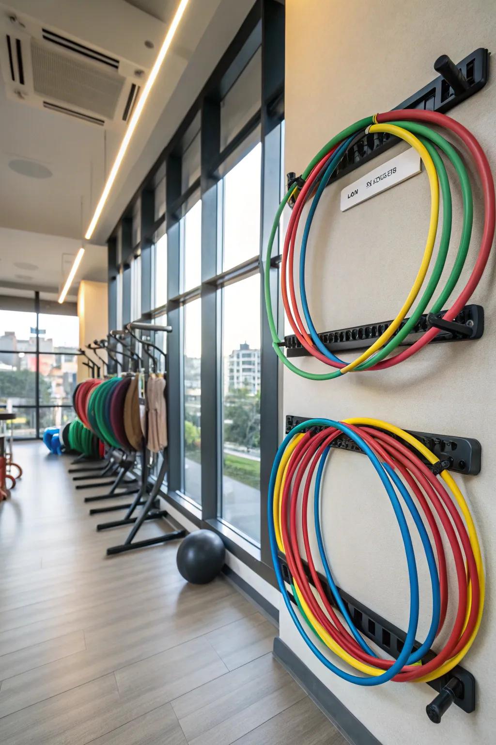 Neat creative circles on wall brackets, bringing a playful mood to a home exercise zone.