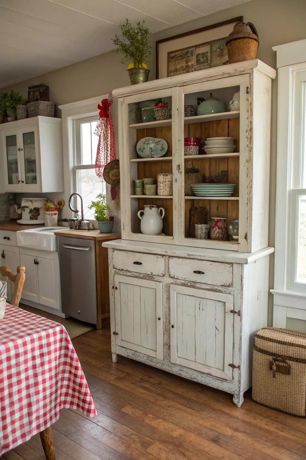 A delightful countryside hutch enriches the cooking area with its inviting appeal.