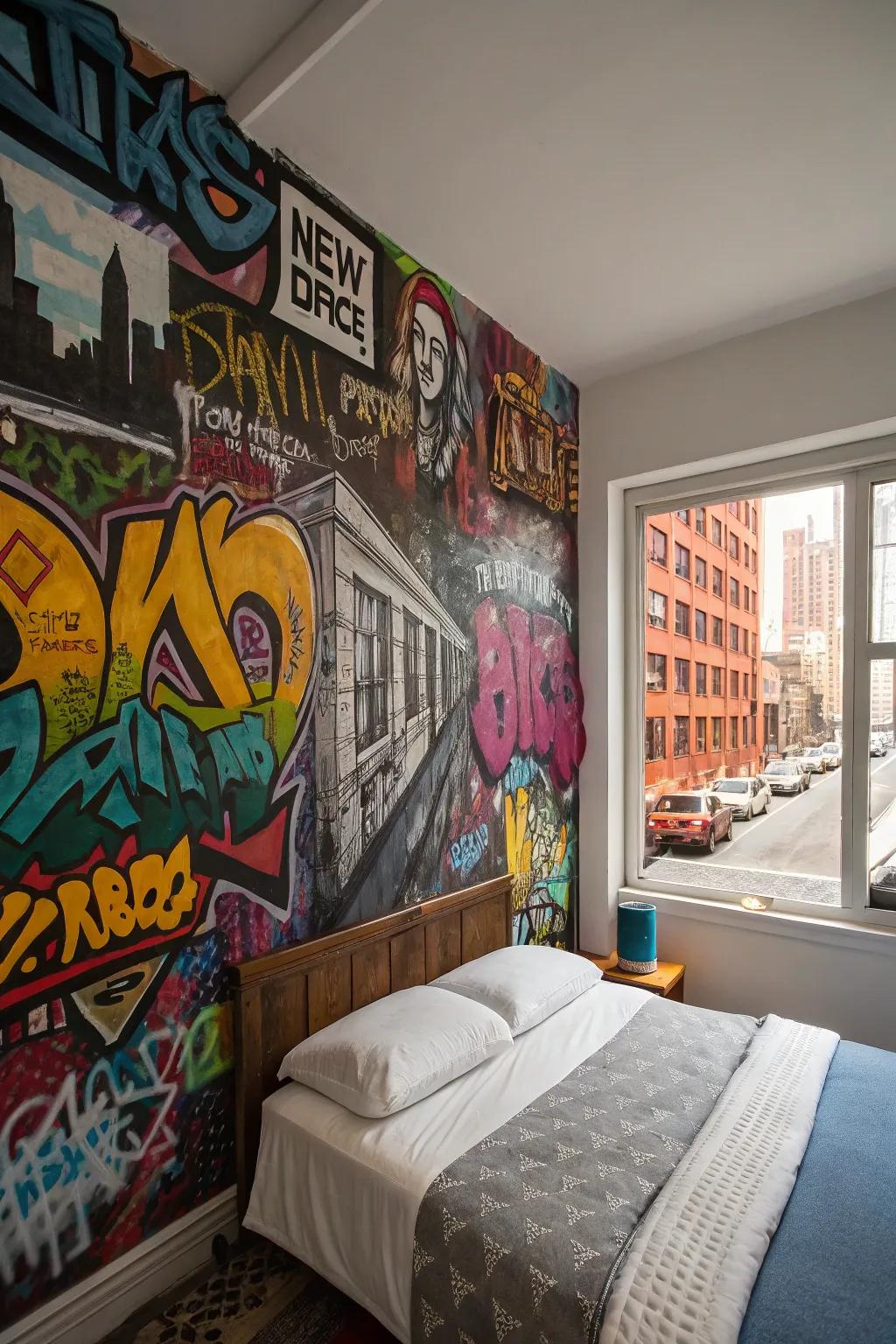 Graffiti-inspired art injecting a daring urban atmosphere into the room.