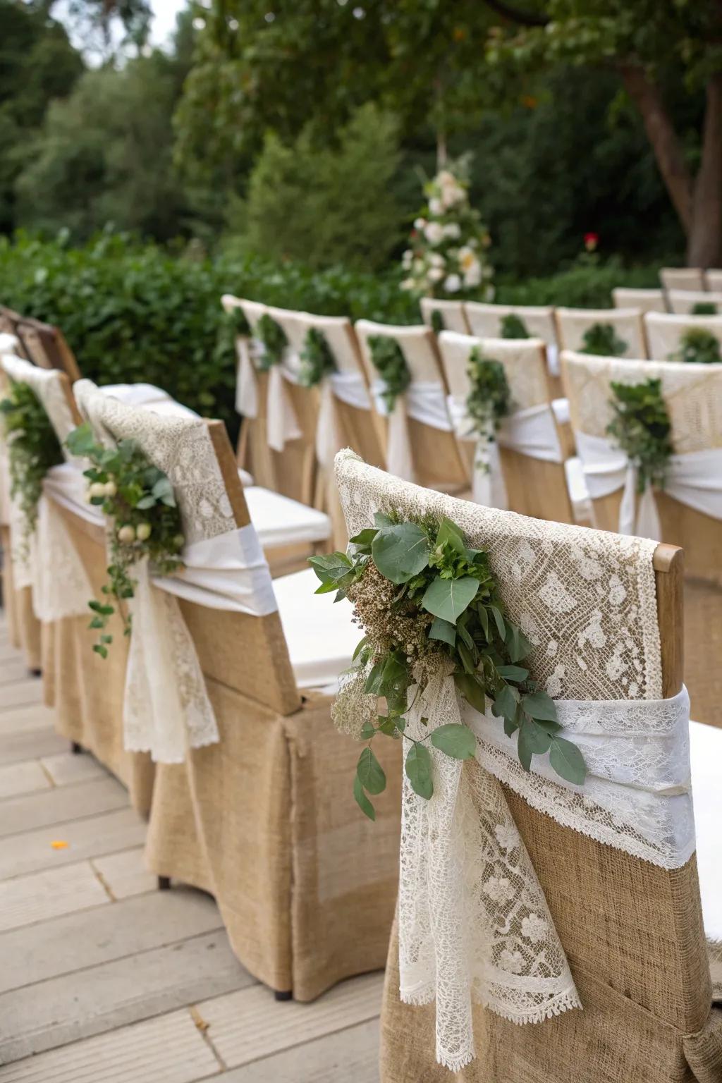 Rustic charm with burlap and damask touches.
