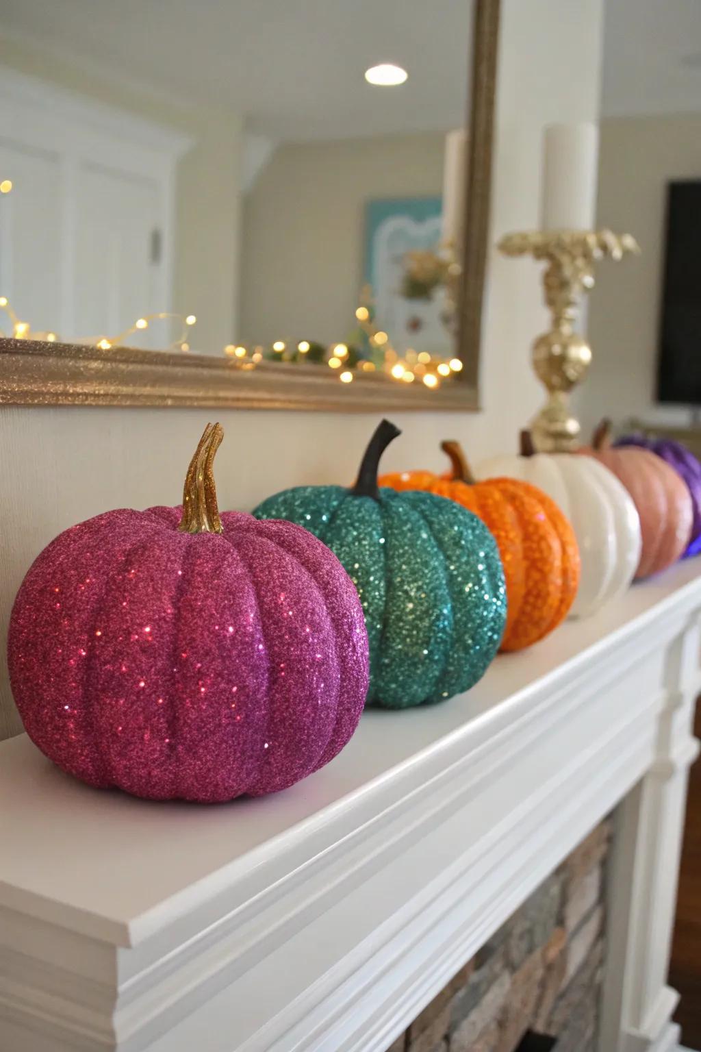 Glitter pumpkins adding sparkle and charm to any setting.