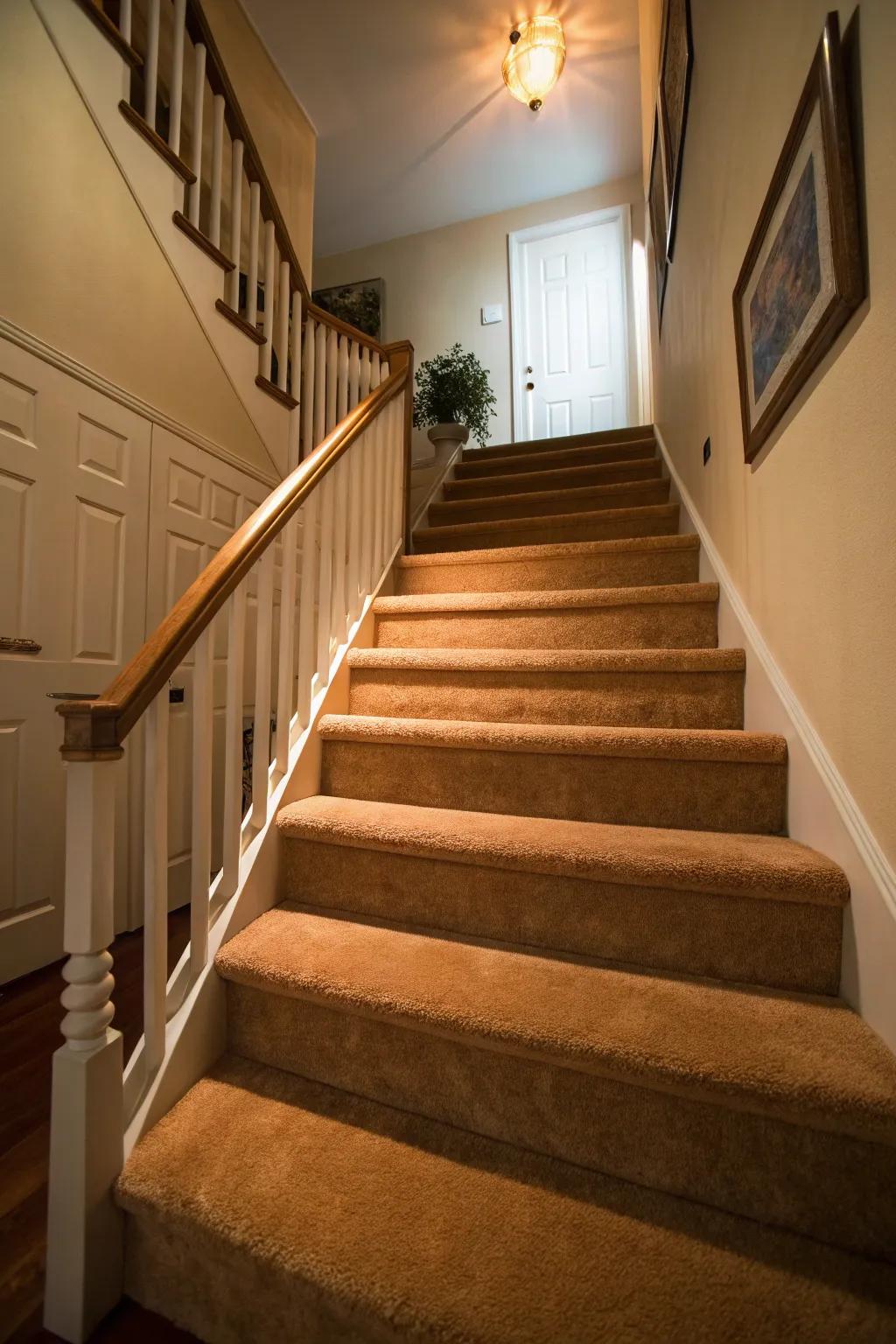 Cozy carpeted stairs providing warmth and style.
