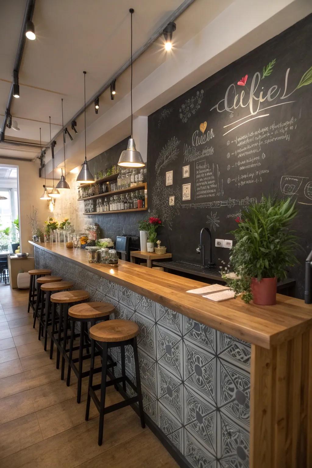 Chalkboard finish brings a lively, hands-on aspect to your setting.