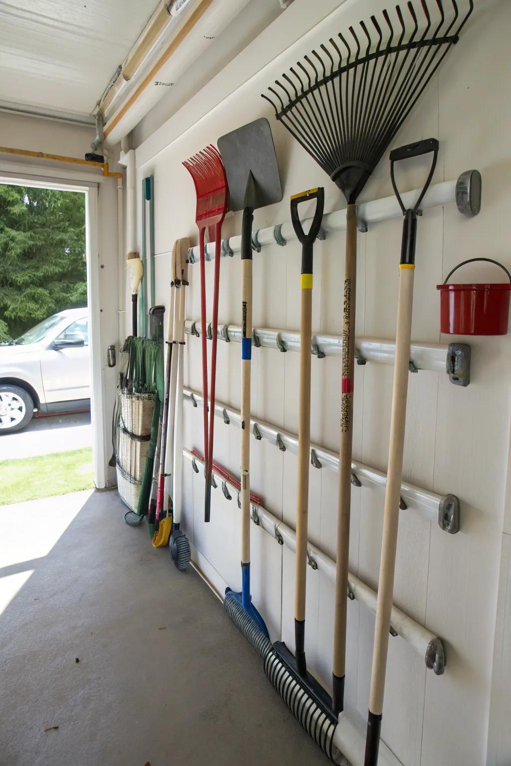 Plastic pipes provide a creative and neat storage solution for long-handled equipment.