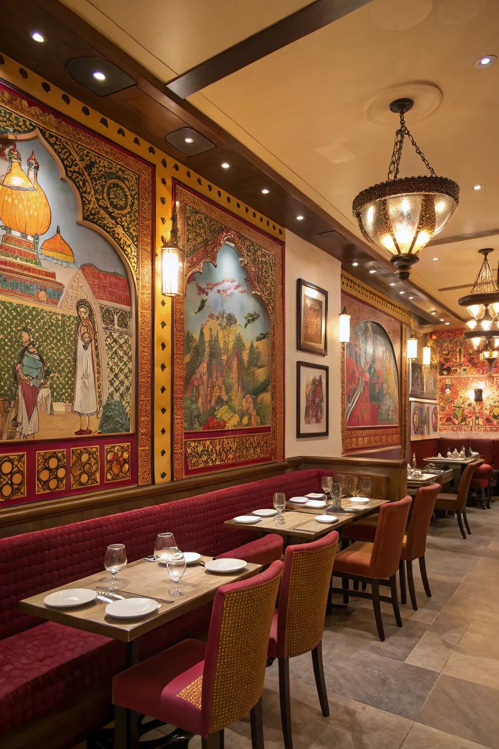 Traditional Indian artwork decorating the walls of a restaurant.