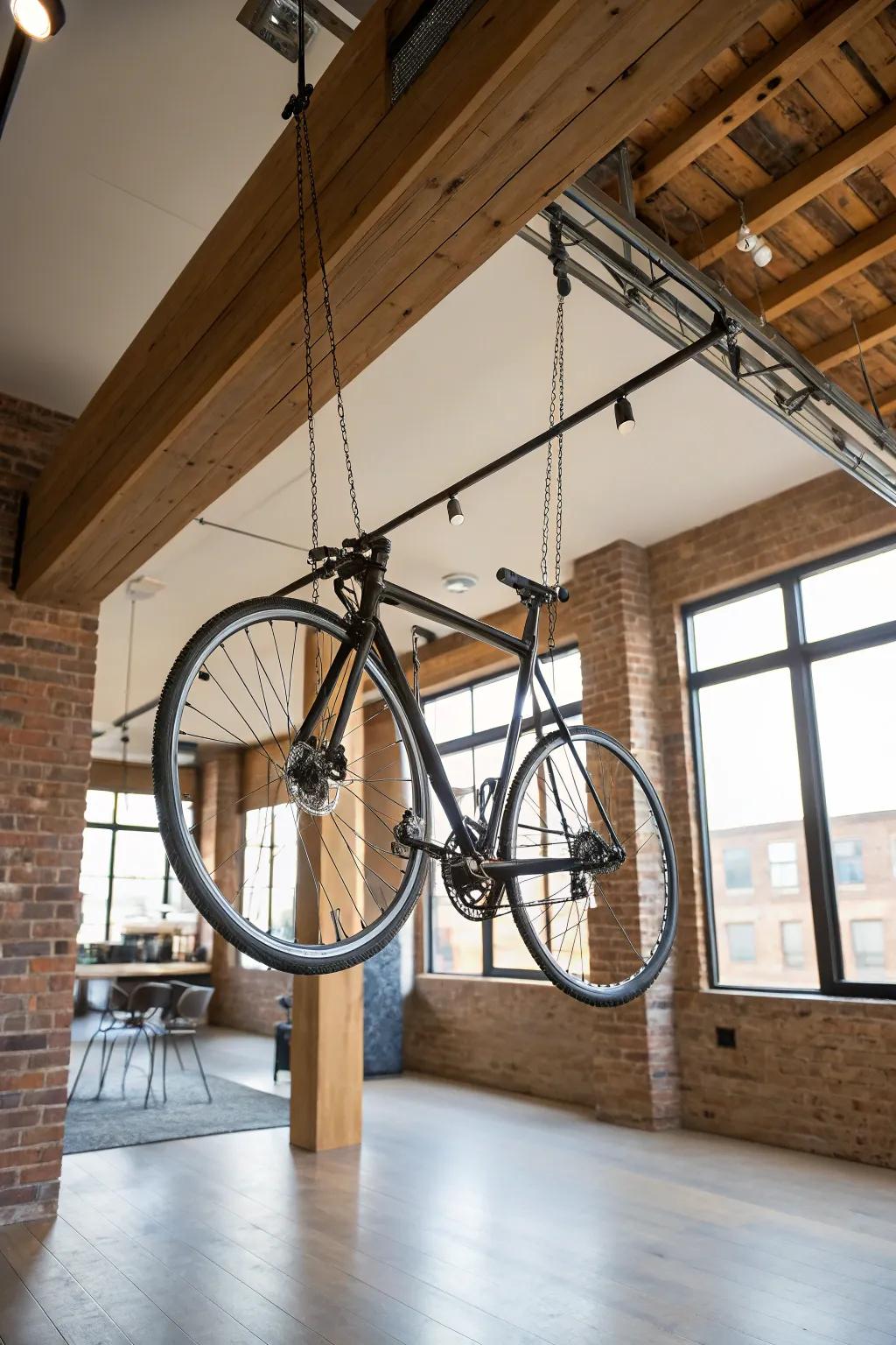A ceiling pulley system keeps your bike elevated and out of the way.