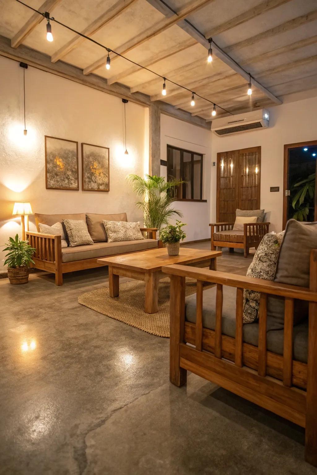 Wood accents bring a cozy feel to concrete floors.
