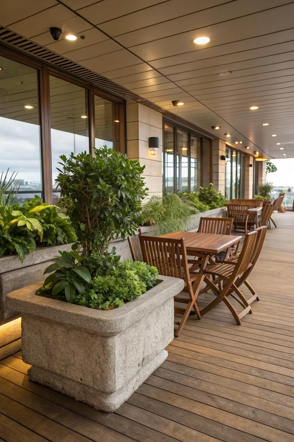 Wood and stone elements bring a natural touch to this indoor deck.