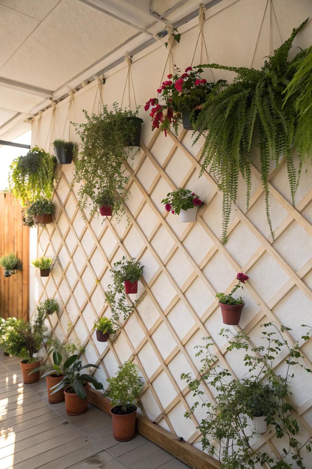 A vertical garden adorning a lattice wall, perfect for those with a passion for plants.