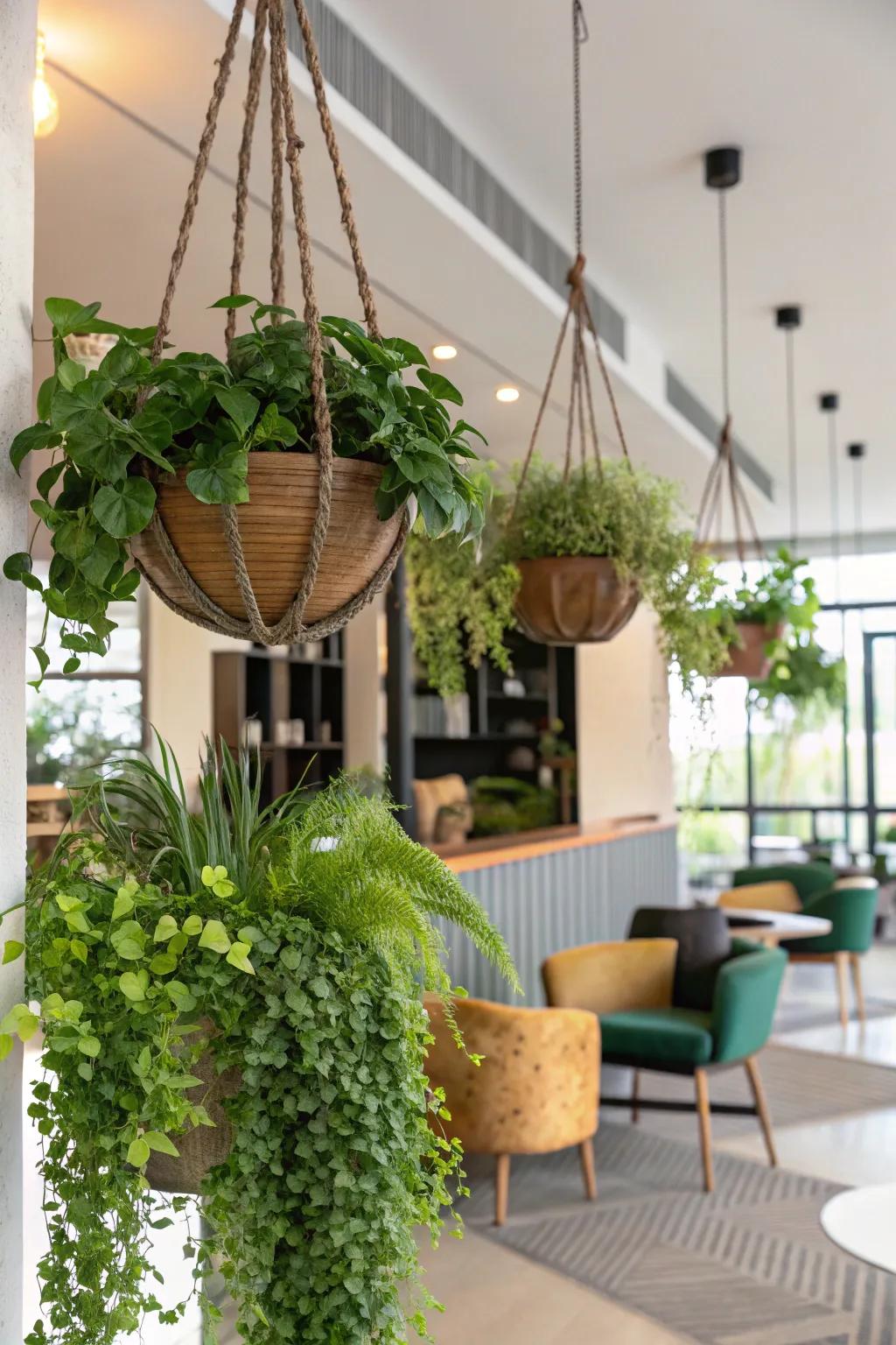 Exploit vertical dimensions with fashionable suspended greenery.