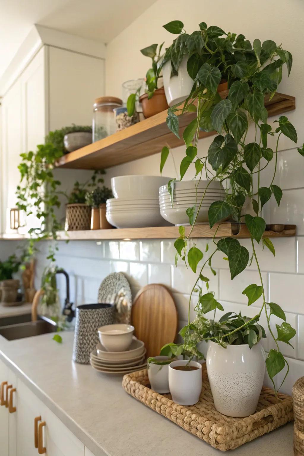 Bring grace to shelves with cascading greenery.