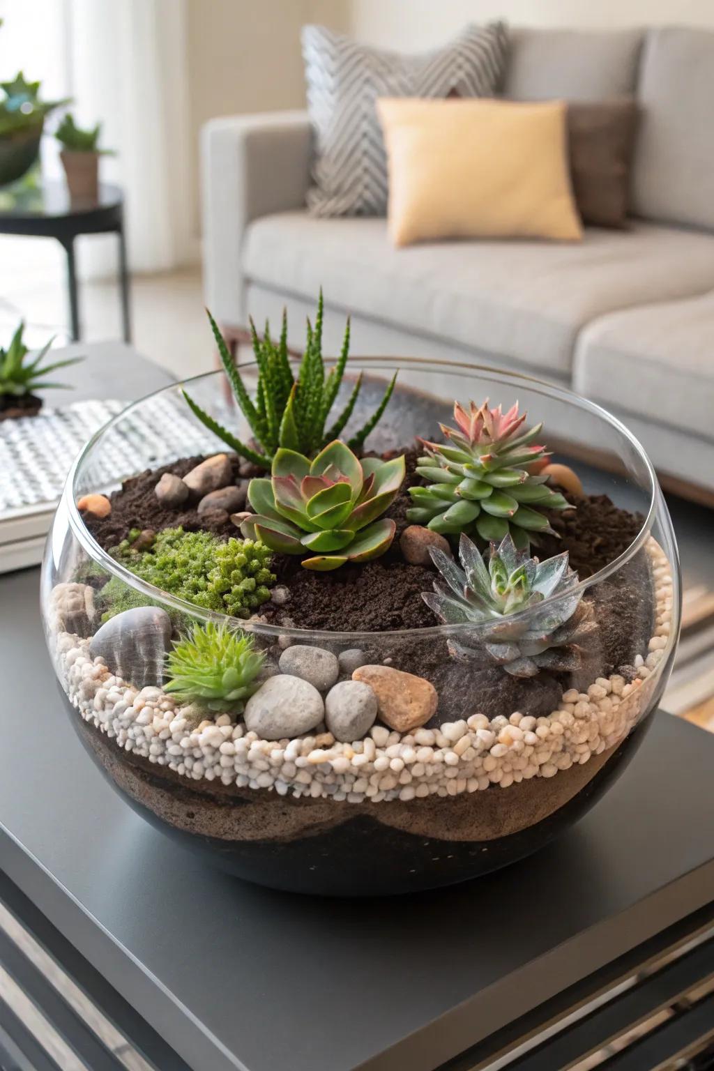 A glass bowl highlights succulents, revealing their complex layers with grace.
