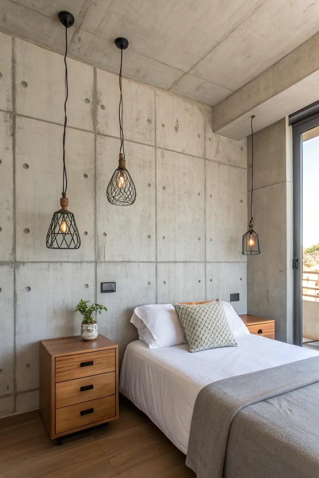 Concrete elements bring a sleek, modern edge to this industrial bedroom.
