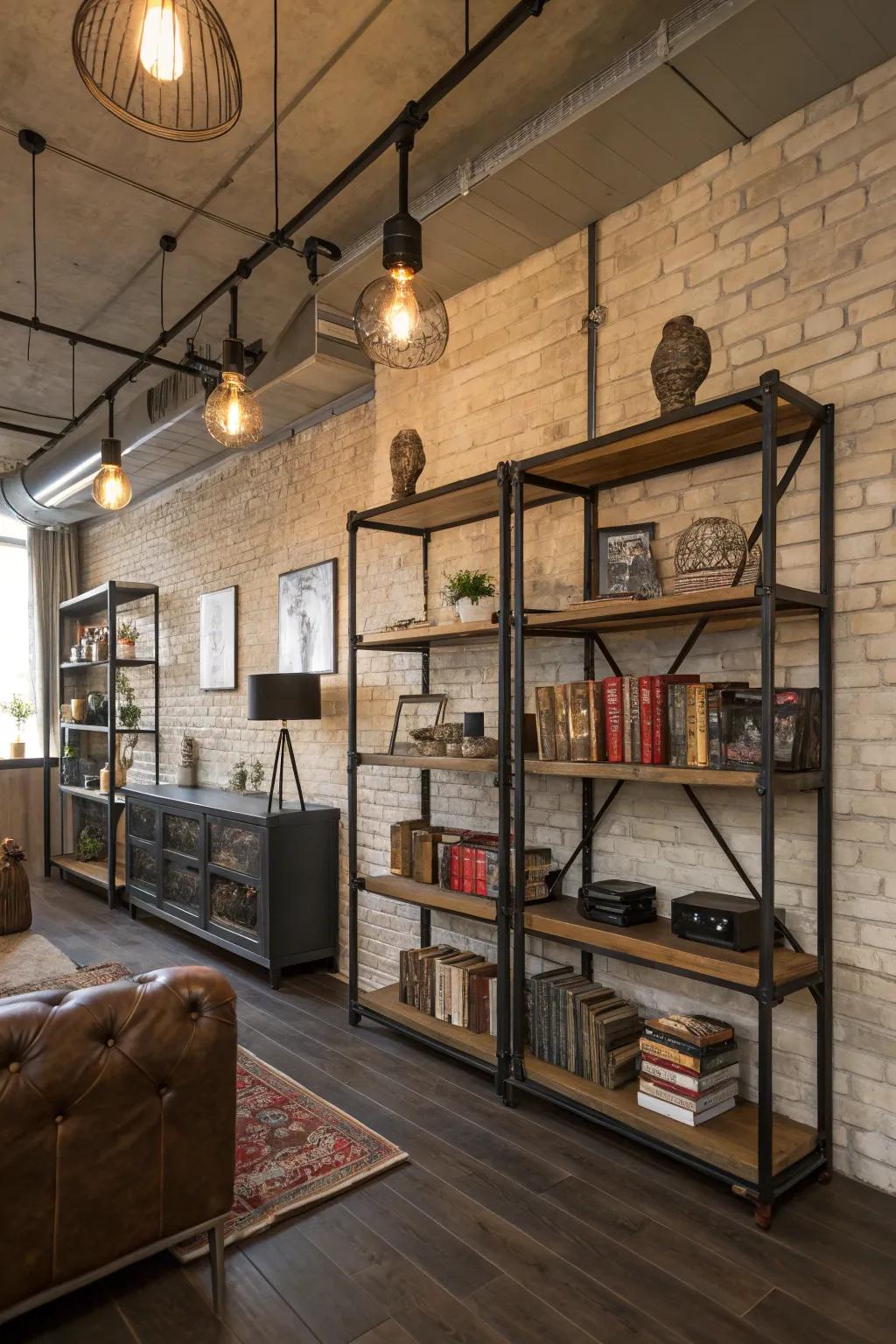 Metal components lend an industrial sharpness to this space.