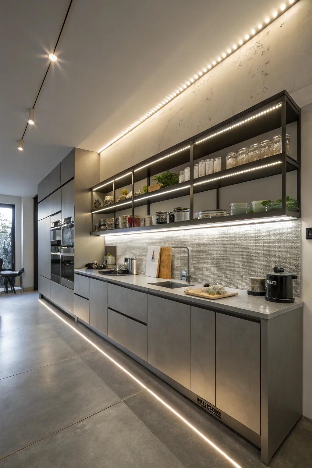 Factory-inspired kitchen utilizing LED strip lighting