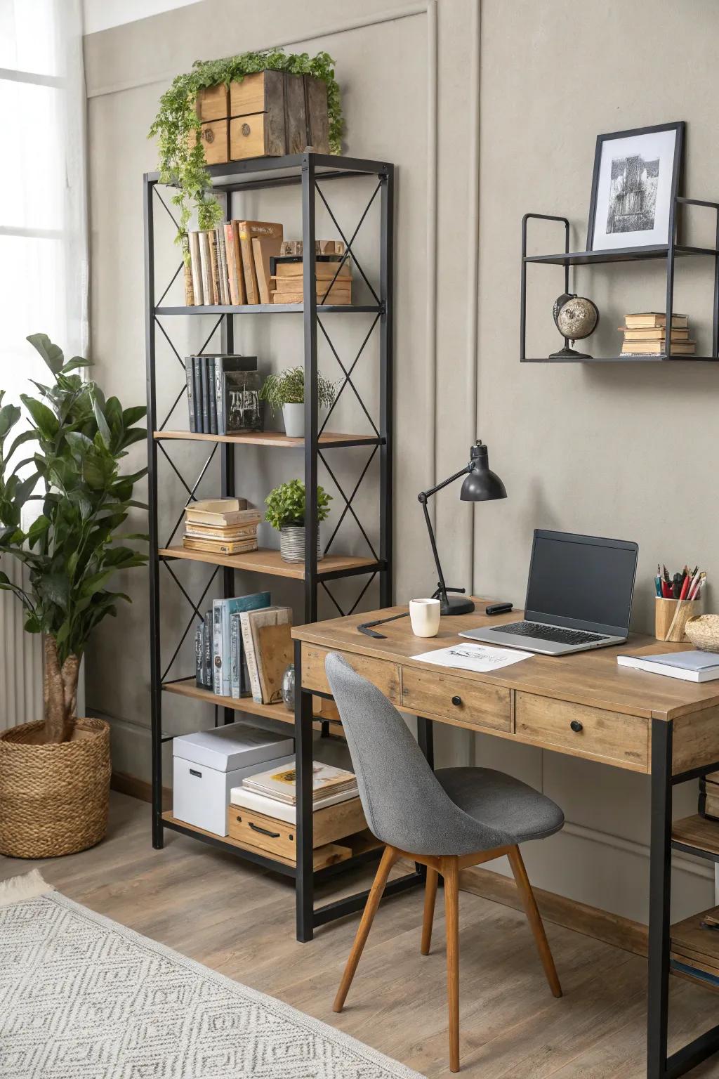 A workspace that beautifully balances wood and metal elements.
