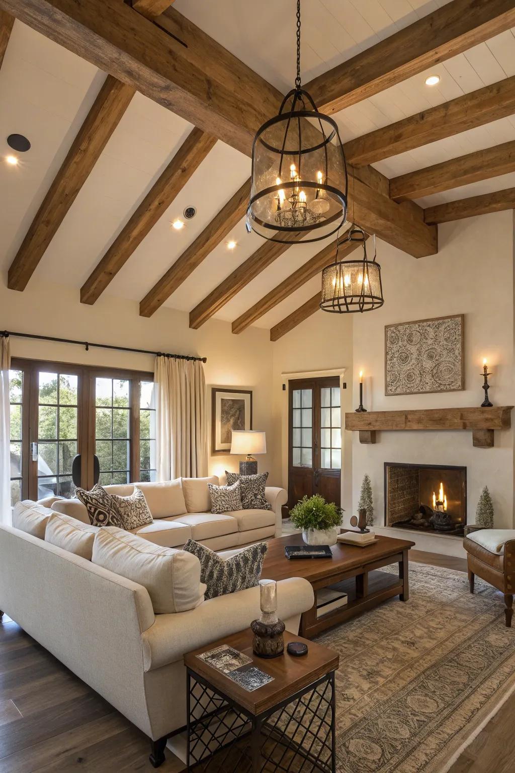 Wooden beams add rustic charm to a modern living space.