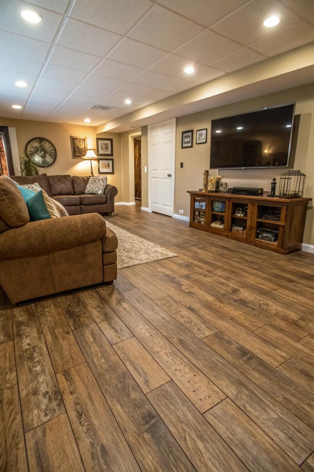 Vinyl strips replicate hardwood's beauty affordably.