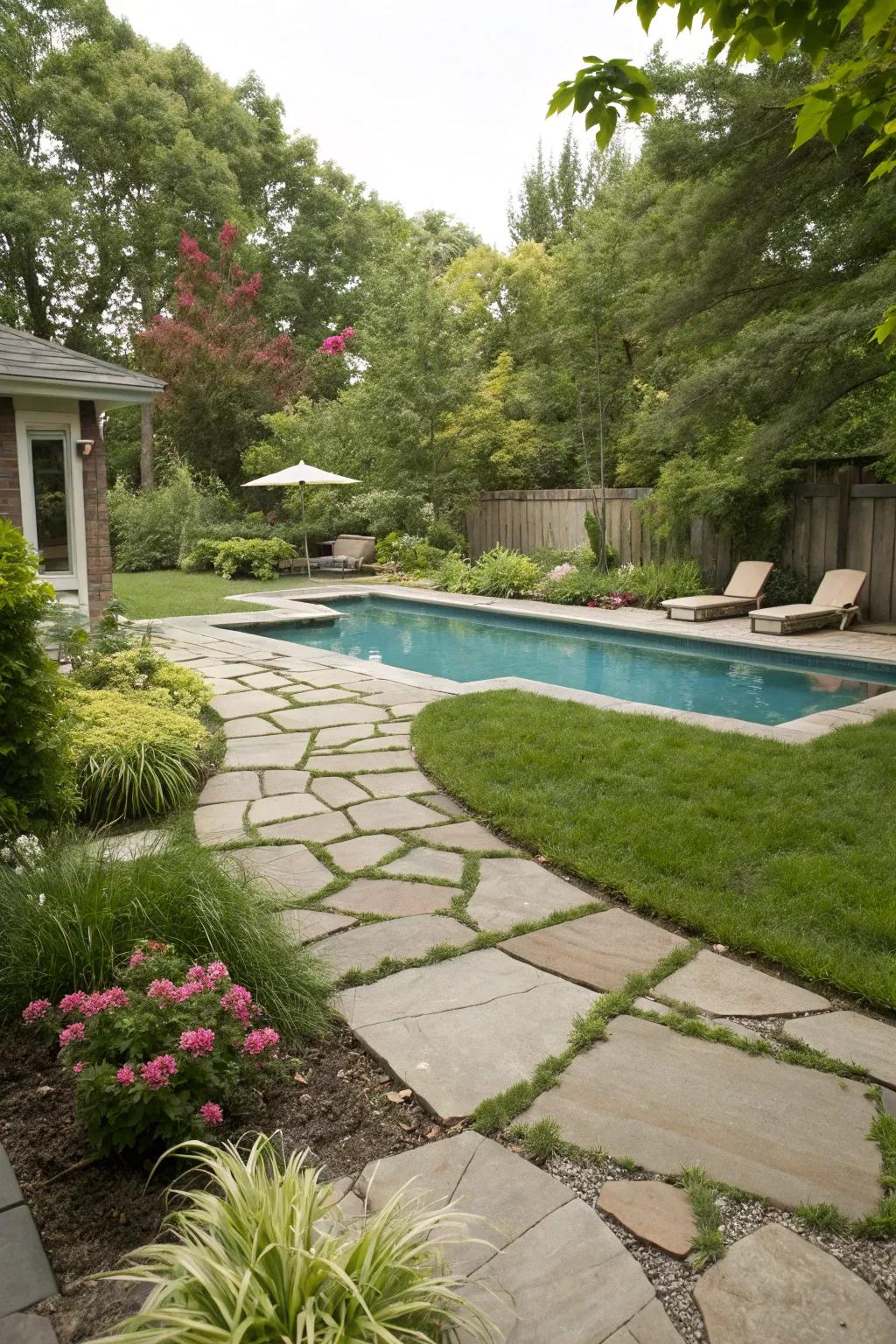 Stone walkways beautifully direct you to the pool.